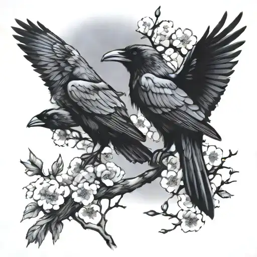 Ravens On A Sakura Tree