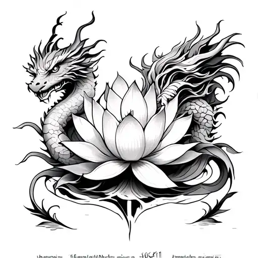 Back Tattoo Image That Has A Dragon And On The Top A Lotus Flower