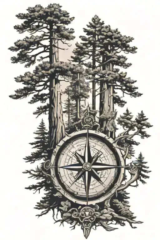 Redwood Trees With Compass Surrounded