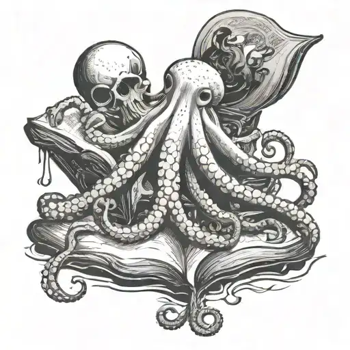 An Octopus Reading A Book On A Shipwreck Scene