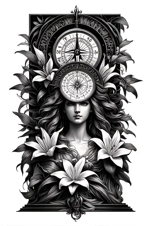 Compass And Statue Women With Lilies Surrounding