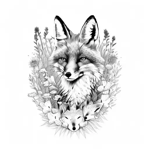 Full Body Fox With Wildflowers And Mushrooms Growing Out Of The Fox