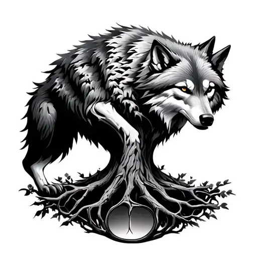 Wolf Defending Tree Of Life Intertwined