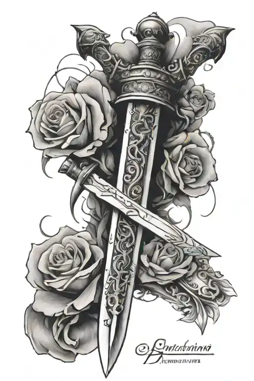 A Forearm Tattoo That Is Half Of A Sword And The Other Half Is A Quote Going Vertical