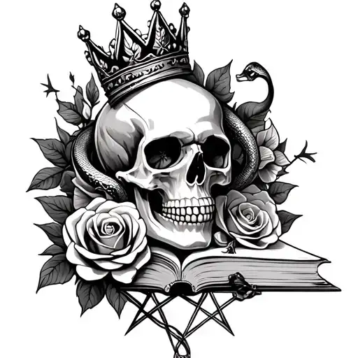 Skull With Crown Roses A Snake A Pentagram And A Book