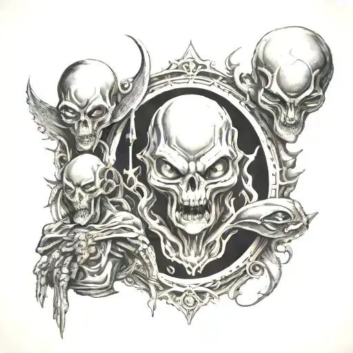 A Horror-themed Conspiracy Tattoo Featuring Alien Beings And Hidden Symbols Related To Power