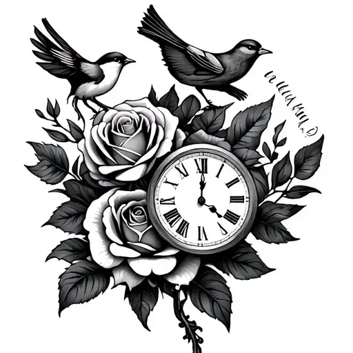 Rose With A Bird And A Clock And A Name Intertwined