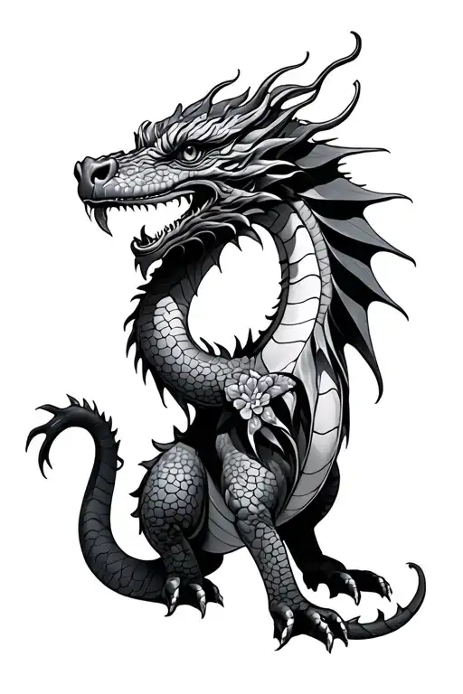 Small 4 Legged Dragon - Floral -Fineline -Feminine Hip