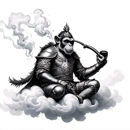 Monkey King In Armor Sitting In Cloud Smoking From A Pipe