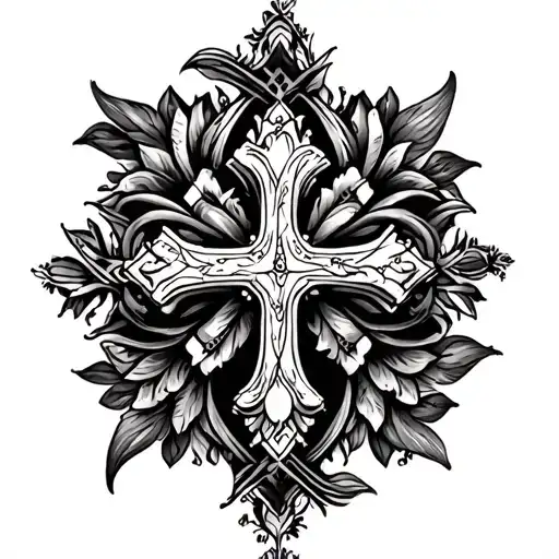 Fine Line Ornamental Tattoo With Cross