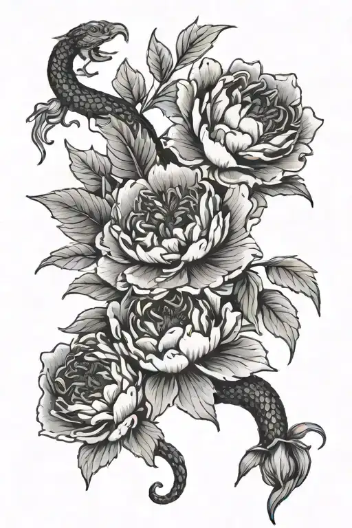 Peony And Honeysuckle With Snake In The Middle