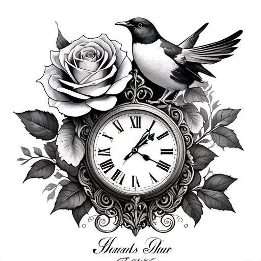 Rose With A Bird And A Clock And A Name Intertwined From Bottom To Top