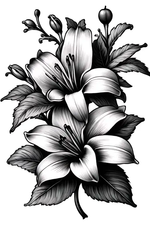 A Simple Small Black Tattoo Of A Cherry Flower And An Lily Flower Tied Together