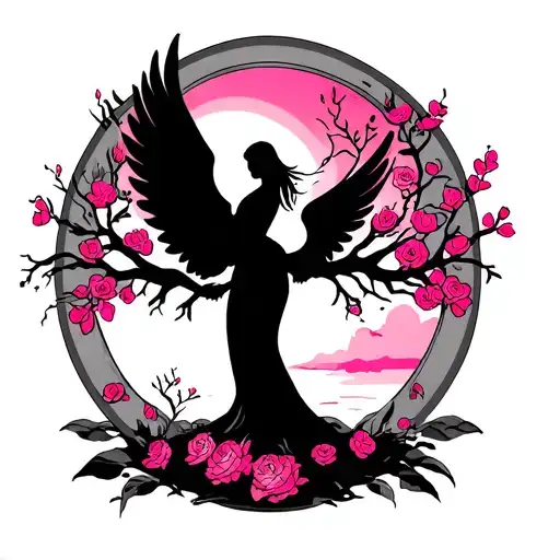 Tree Of Life With Pink And Travel Sign Of Maternity And Swallow Wing Angel