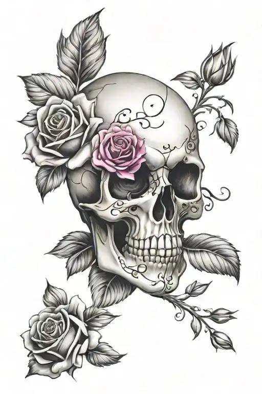 Skull With Pink Roses For Women's Thigh