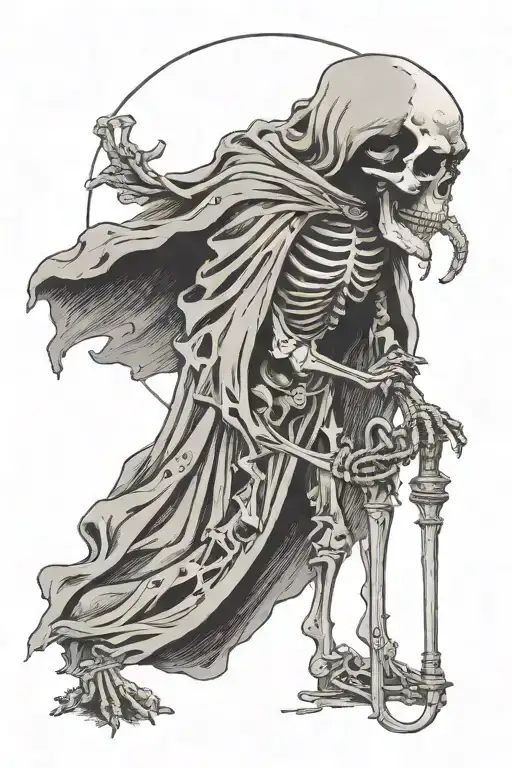 The Hermit Tarot Card Walking Skeleton Wearing Cloak Side Profile Holding Light