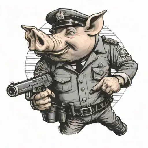 Gun Shoot Pig Cop Uniform Pointing His Finger