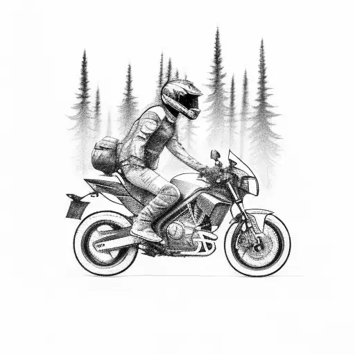 A Detailed Sketch Of A Motorbike Riding Through A Forest Of Tall Trees