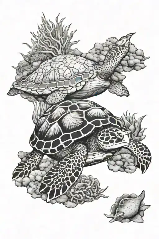 Turtle And Blue Spotted Stingray Swimming In Coral