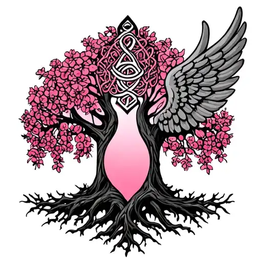 Tree Of Life With Pink And Celtic Sign Of Maternity And Swallowing Angel Wing