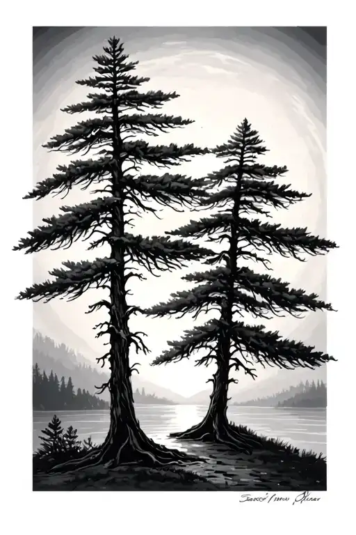 Evergreen Trees And A Sunset