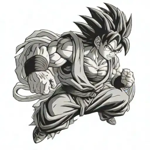 Create A Black And White Drawing Of Goku With Shading And Background Full Body And Fighting