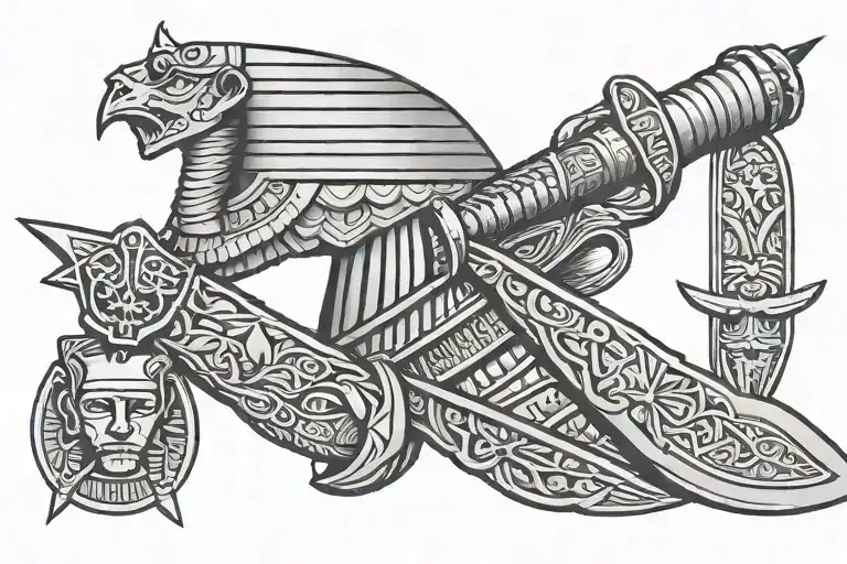 Egyptian Curved Dagger Strapped To Thigh With Pharoah Head Hilt