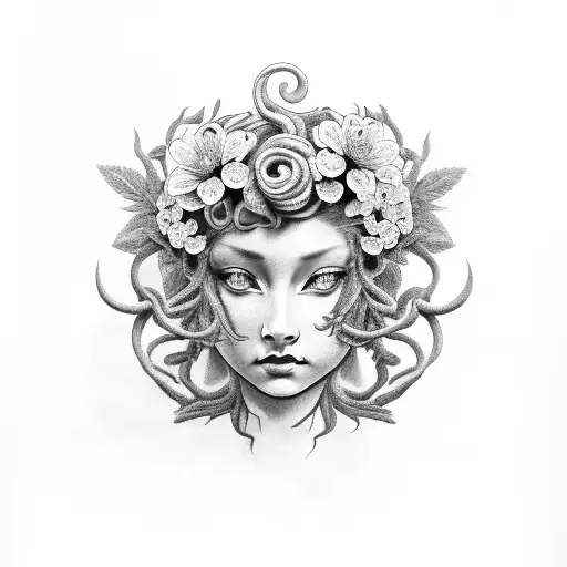 Seductive Black And Grey Medusa With Flowers Forward Facing