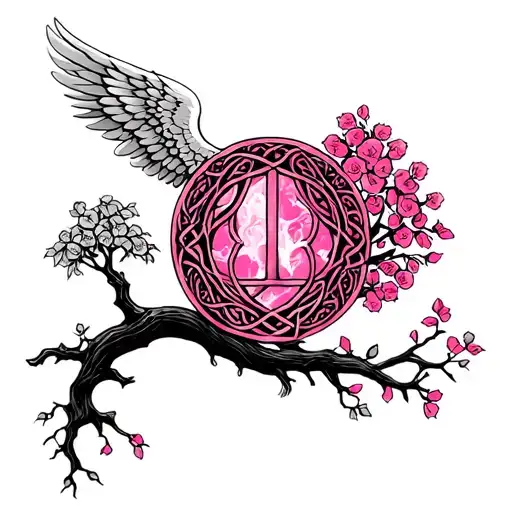 Tree Of Life With 1 Pink And Celtic Sign Of Maternity And Swallowing Angel Wing