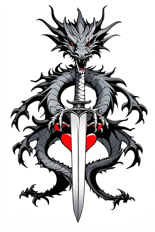 Dragon Around Sword Through Hearts Symbolizing Strength And Resilience