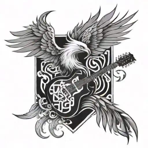Geometric Design Incorporating A Phoenix Rising From The Ashes Shaped Like A Guitar