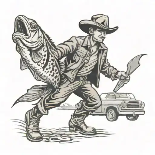 A Black-grey Tattoo Of A Fishman With A Cowboy Hat And A Chevrolet 1966 Truck In The Background