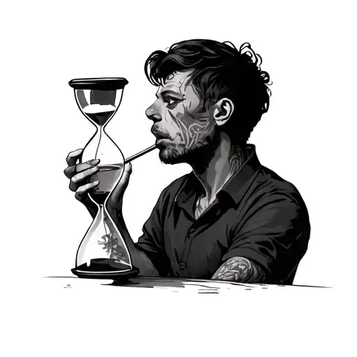 A Sad Man Drinking A Hourglass With A Straw