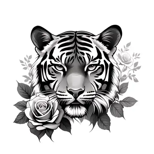 Female Tiger Face And Roses