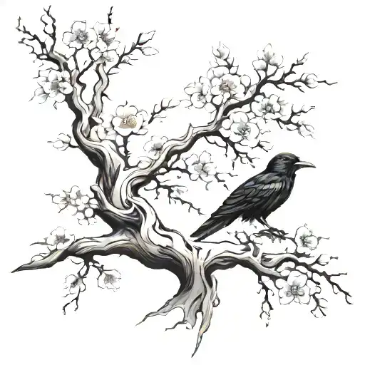 Cherry Blossom Tree In The Storm And A Raven