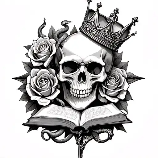 Skull With Crown Roses A Snake A Pentagram And A Book