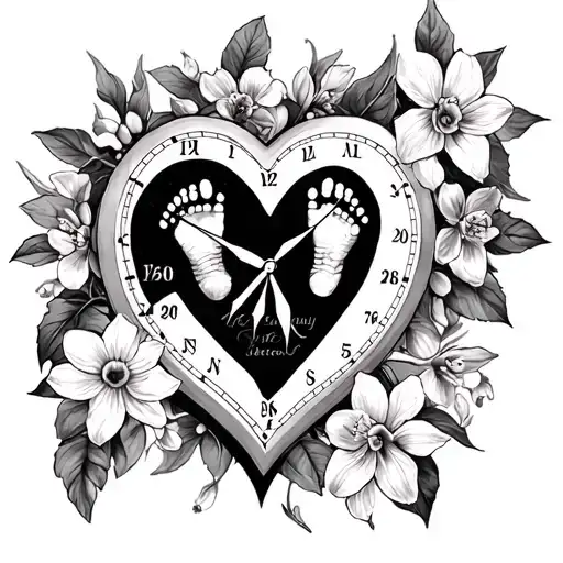 Heart Clock With Baby Footprint Name And Date Tattoo Holly And Narcissus