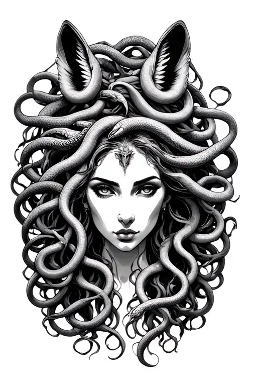 Medusa Greek Mythology With Megan Fox Face And Snakes Above Head