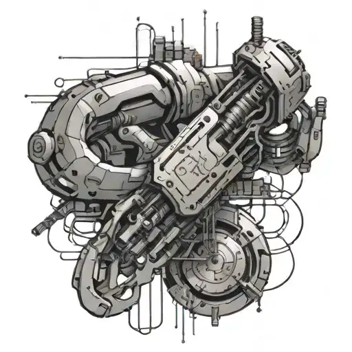 Cyberpunk Arm Tattoo With Augments And Wires Hanging And Black Smoke