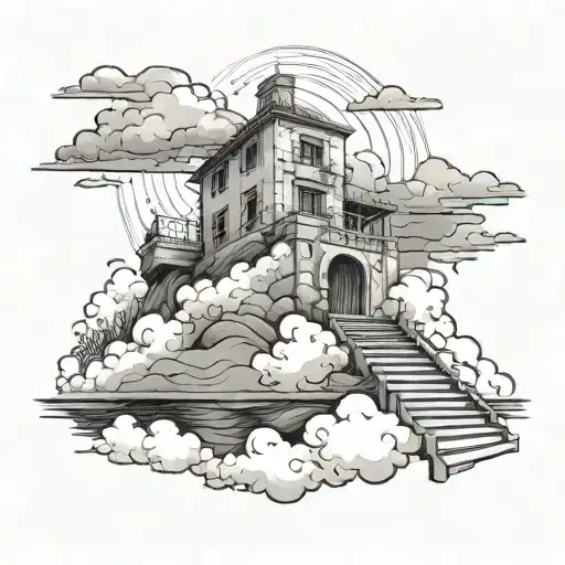 Person Walking On A Small Staircase To Heaven With Clouds At The Top