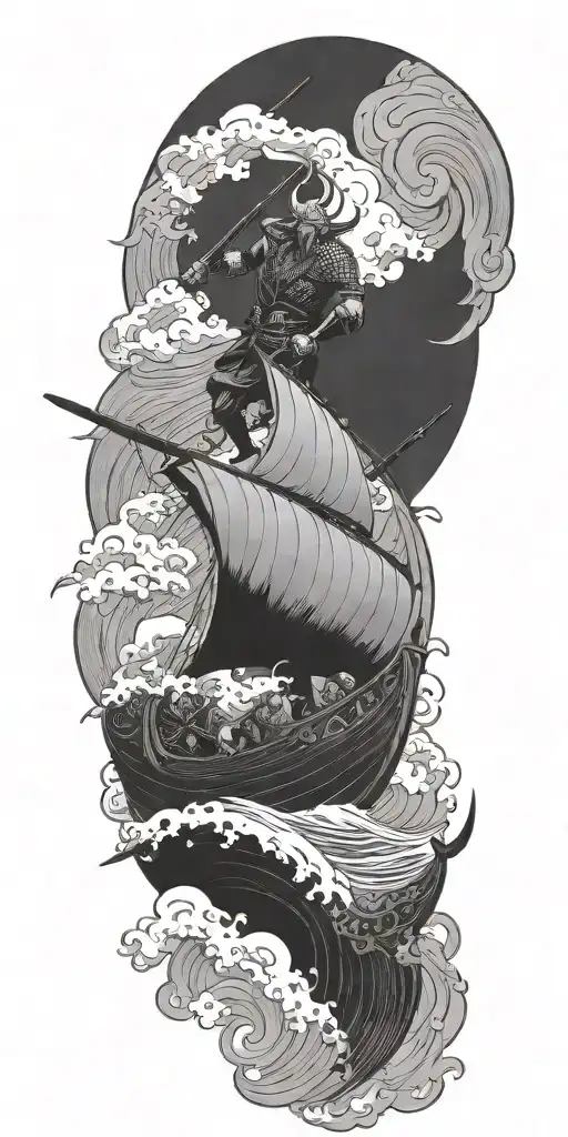 A Sinister Depiction Of A Devil Riding A Viking Ship Through Stormy Seas