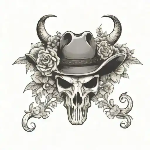 Texas Longhorn Skull With Flowers Wearing A Mini Cowboy Hat