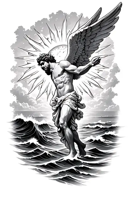 Sun With Male Falling Angel Into The Ocean
