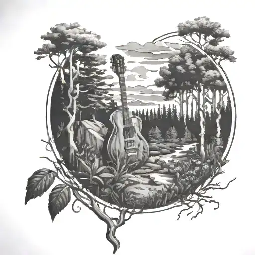 Forest With A Path And A Gibson Es 335 Guitar Hidden Withing The Forest Black And White Forearm