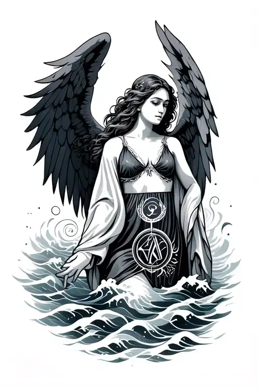 Virgo Angel With Zodiac Sign And Sea Waves Around Her