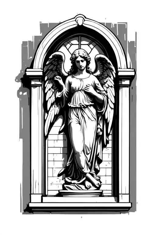 Angel Statue In Stone Window Nostalgic Vibe Outside