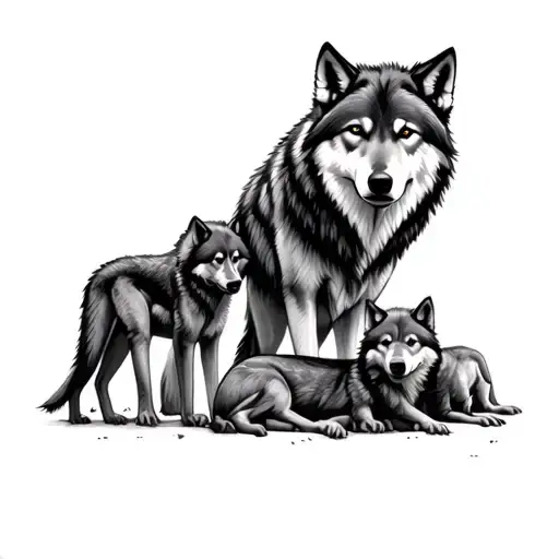 Male Wolf Watching Over 3 Wolf Pups Playing