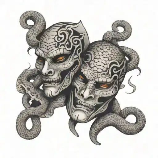 Theatre Masks Tragedy And Comedy With A Snake Interlinking Going Through The Holes In Their Eyes