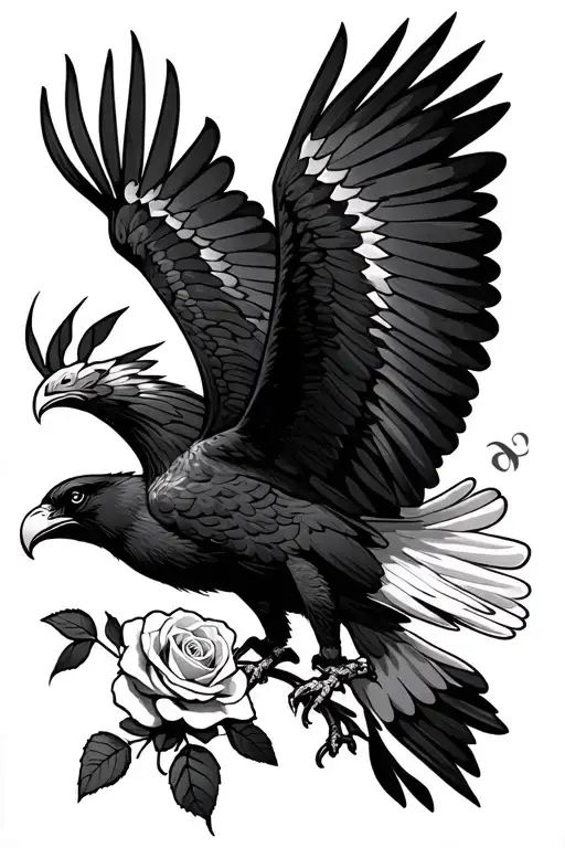 Black Eagle In Flight With A Rose Clutched In The Talons