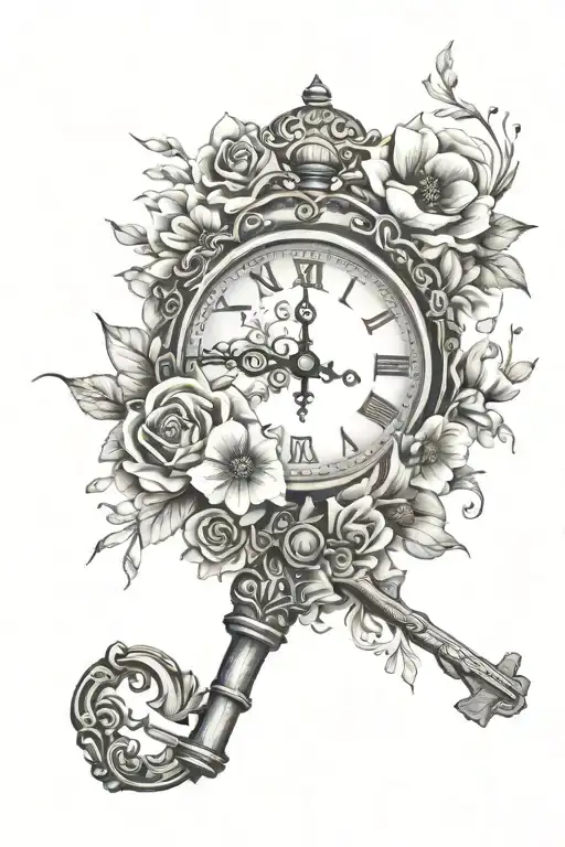 Key With Clock Face Laying In Bed Of Flowers